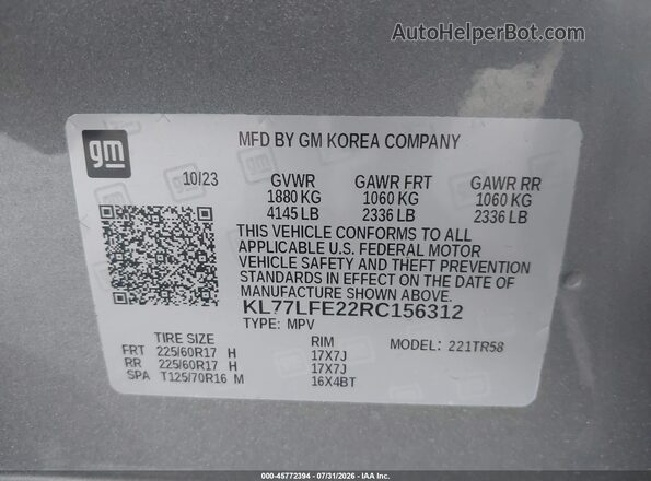 KL77LFE22RC156312 2024 CHEVROLET TRAX Gray Вид підкапотного простору