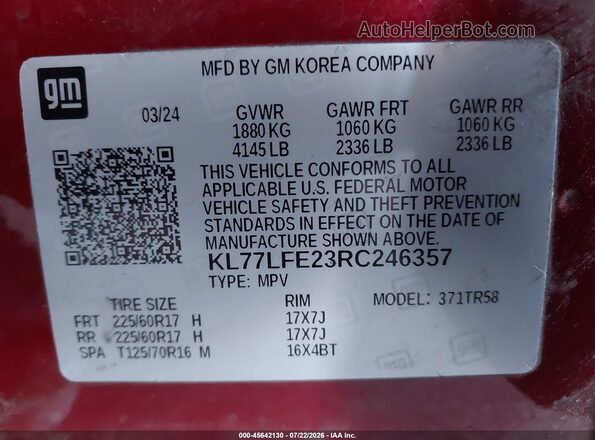 KL77LFE23RC246357 2024 CHEVROLET TRAX Burgundy Widok komory silnika