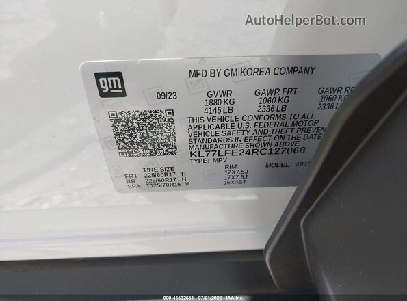 KL77LFE24RC127068 2024 CHEVROLET TRAX White ძრავის განყოფილების ხედი