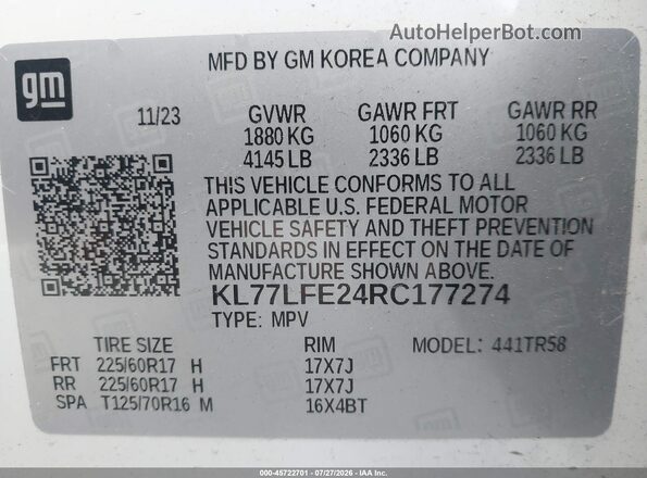 KL77LFE24RC177274 2024 CHEVROLET TRAX White Engine compartment view