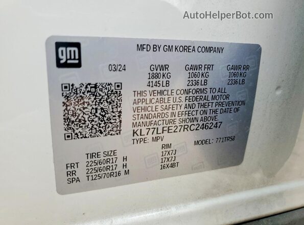 KL77LFE27RC246247 2024 CHEVROLET TRAX White Vista interior de 360 grados