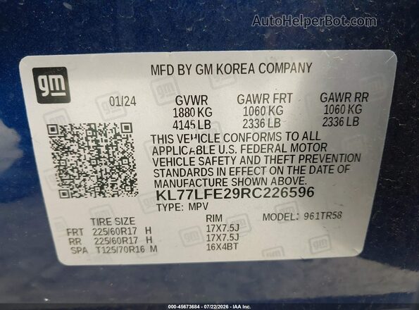 KL77LFE29RC226596 2024 CHEVROLET TRAX Синий Вид подкапотного пространства