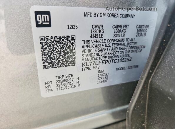 KL77LFEP0TC105152 2026 CHEVROLET TRAX Gray VIN կոդի պիտակի տեսք