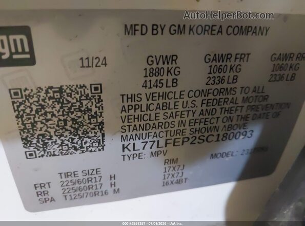 KL77LFEP2SC180093 2025 CHEVROLET TRAX White ძრავის განყოფილების ხედი