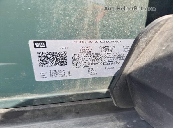 KL77LFEP3SC118976 2025 CHEVROLET TRAX Зеленый Вид наклейки с VIN-кодом