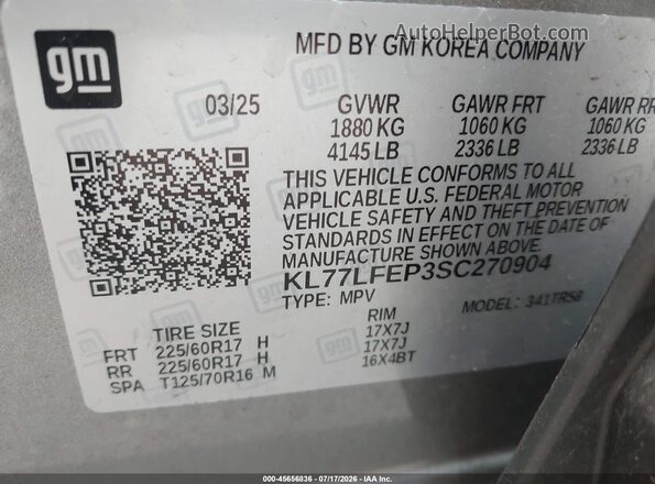 KL77LFEP3SC270904 2025 CHEVROLET TRAX Gray ძრავის განყოფილების ხედი