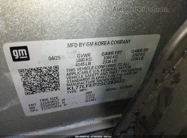 KL77LFEP3SC283622 2025 CHEVROLET TRAX Gray Շարժիչի բաժամունքի տեսք