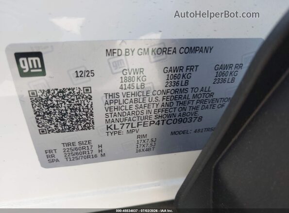KL77LFEP4TC090378 2026 CHEVROLET TRAX White ძრავის განყოფილების ხედი
