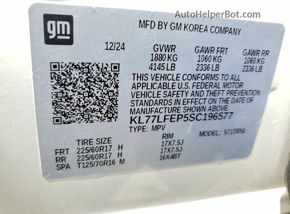 KL77LFEP5SC196577 2025 CHEVROLET TRAX White Vista de la etiqueta del VIN