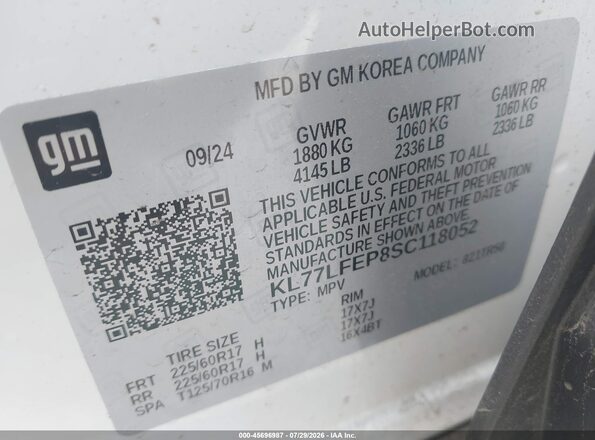 KL77LFEP8SC118052 2025 CHEVROLET TRAX White Vista del compartimento del motor
