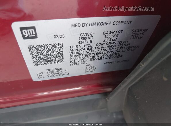 KL77LFEP8SC257694 2025 CHEVROLET TRAX Красный Вид подкапотного пространства