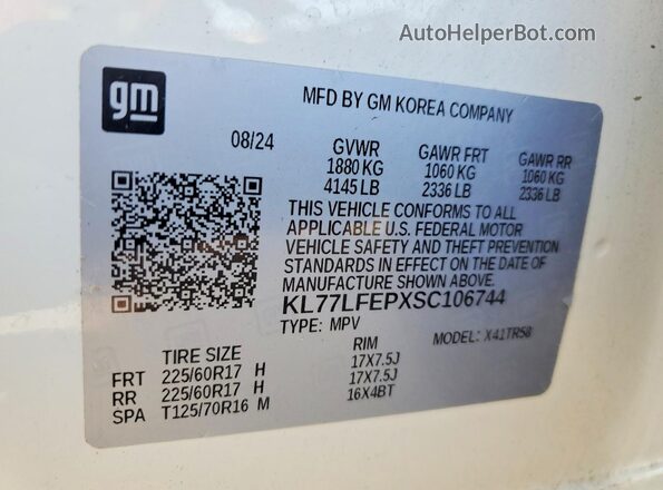 KL77LFEPXSC106744 2025 CHEVROLET TRAX White Vista de la etiqueta del VIN
