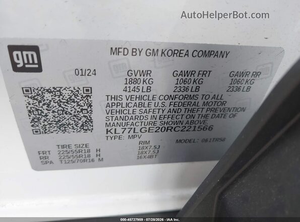 KL77LGE20RC221566 2024 CHEVROLET TRAX White ძრავის განყოფილების ხედი