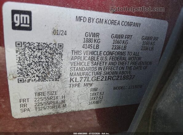 KL77LGE21RC218837 2024 CHEVROLET TRAX Red Widok komory silnika