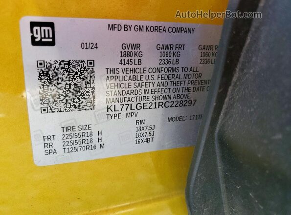 KL77LGE21RC228297 2024 CHEVROLET TRAX Yellow Vista interior de 360 grados