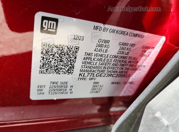 KL77LGE23RC205913 2024 CHEVROLET TRAX Red VIN կոդի պիտակի տեսք
