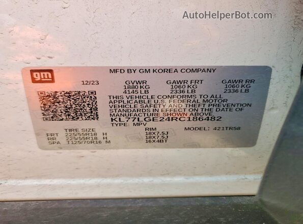 KL77LGE24RC186482 2024 CHEVROLET TRAX White VIN sticker view