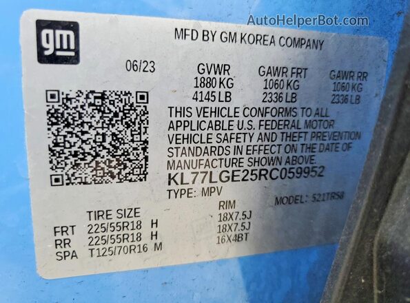 KL77LGE25RC059952 2024 CHEVROLET TRAX Blue Widok naklejki z numerem VIN