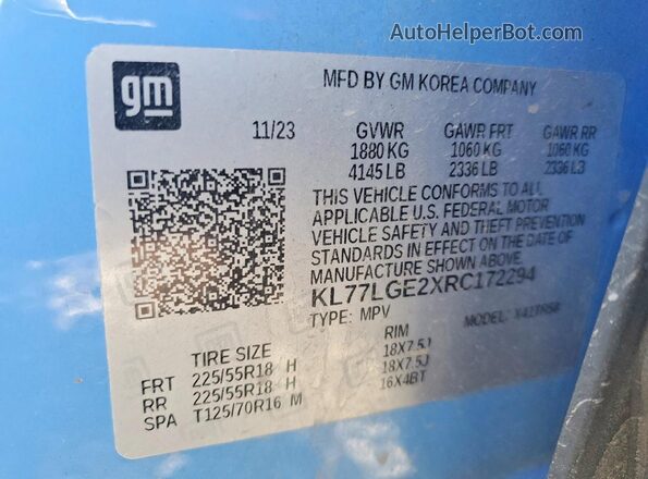 KL77LGE2XRC172294 2024 CHEVROLET TRAX Blue Vista de la etiqueta del VIN