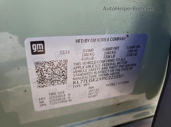 KL77LGE2XRC221557 2024 CHEVROLET TRAX Green VIN կոդի պիտակի տեսք