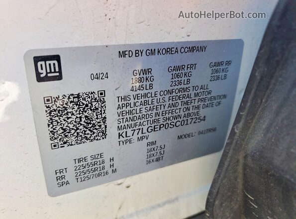 KL77LGEP0SC017254 2025 CHEVROLET TRAX White Вид наклейки з VIN-кодом