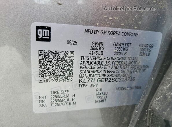 KL77LGEP2SC313716 2025 CHEVROLET TRAX Silver Vista interior de 360 grados