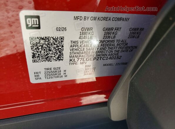 KL77LGEP2TC140152 2026 CHEVROLET TRAX Red VIN კოდის სტიკერის ხედი