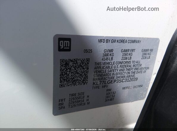 KL77LGEP3SC312039 2025 CHEVROLET TRAX White Շարժիչի բաժամունքի տեսք