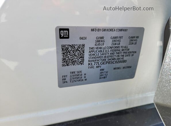 KL77LGEP8SC020080 2025 CHEVROLET TRAX White Vista de la etiqueta del VIN