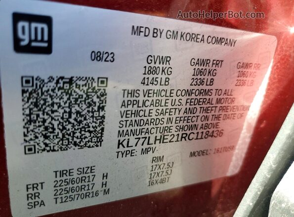 KL77LHE21RC118436 2024 CHEVROLET TRAX Red VIN կոդի պիտակի տեսք
