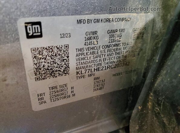 KL77LHE21RC203342 2024 CHEVROLET TRAX Gray სალონის 360-გრადუსიანი ხედი