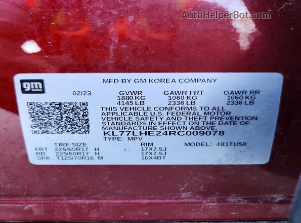 KL77LHE24RC009078 2024 CHEVROLET TRAX Red Панорамний вид салону 360°