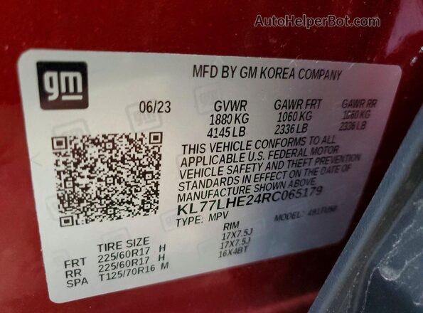 KL77LHE24RC065179 2024 CHEVROLET TRAX Red Вид наклейки з VIN-кодом