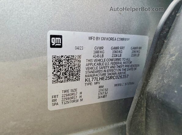 KL77LHE25RC026357 2024 CHEVROLET TRAX Серебряный Панорамный вид салона 360°