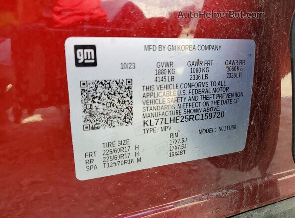 KL77LHE25RC159720 2024 CHEVROLET TRAX Красный Вид наклейки с VIN-кодом