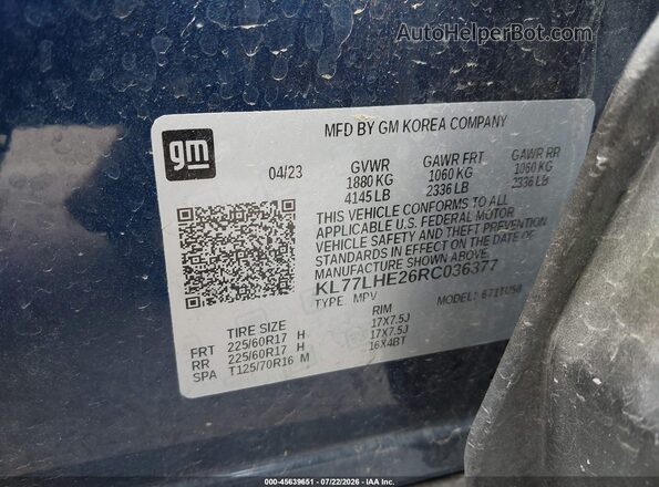 KL77LHE26RC036377 2024 CHEVROLET TRAX Blue Вид підкапотного простору