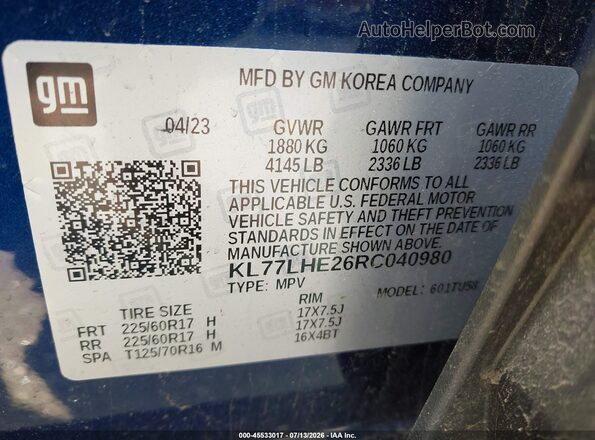 KL77LHE26RC040980 2024 CHEVROLET TRAX Blue Вид підкапотного простору