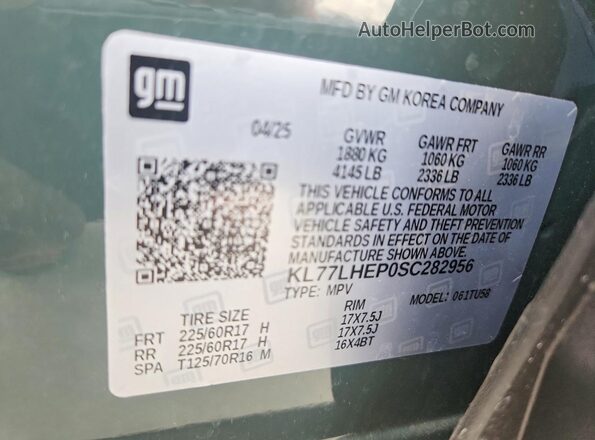 KL77LHEP0SC282956 2025 CHEVROLET TRAX Blue VIN კოდის სტიკერის ხედი