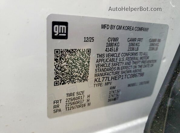 KL77LHEP1TC086798 2026 CHEVROLET TRAX White Vista de la etiqueta del VIN