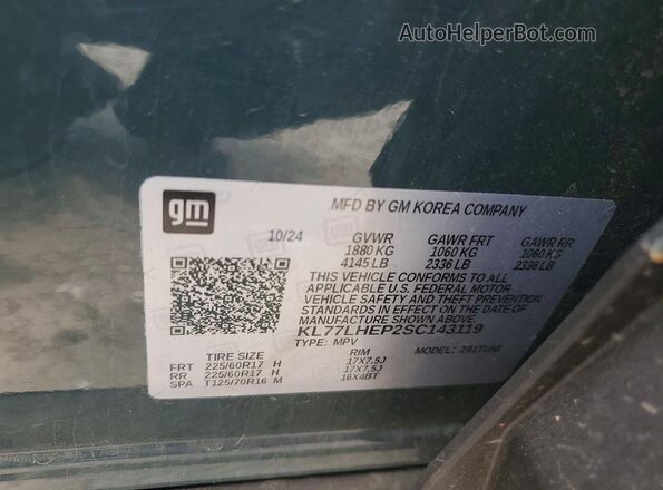 KL77LHEP2SC143119 2025 CHEVROLET TRAX Gray VIN sticker view
