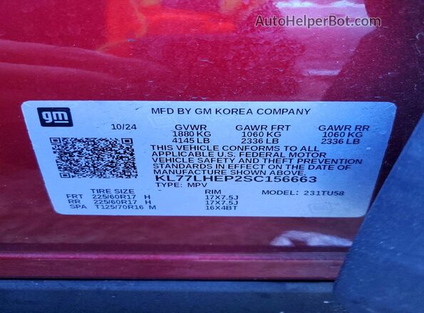 KL77LHEP2SC156663 2025 CHEVROLET TRAX Burgundy VIN sticker view