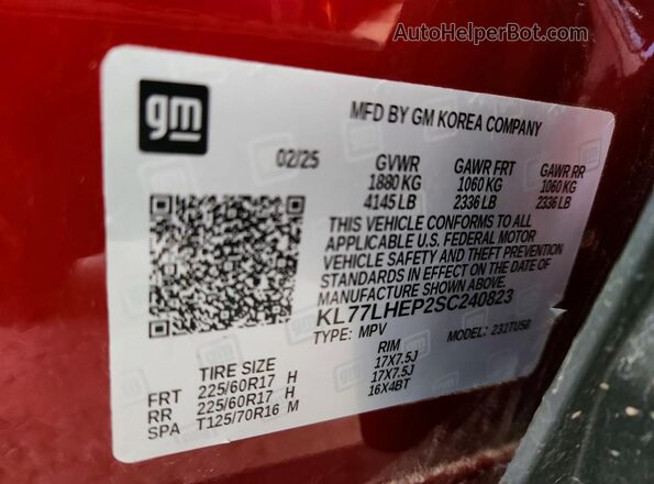 KL77LHEP2SC240823 2025 CHEVROLET TRAX Red 360 interior view