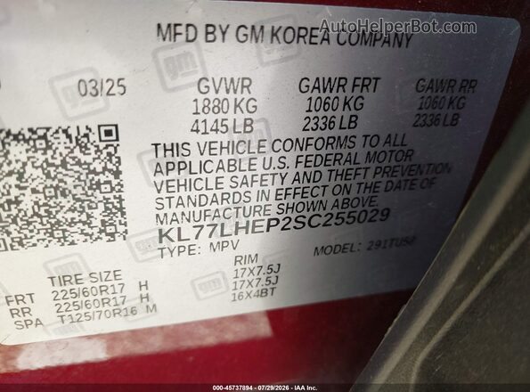 KL77LHEP2SC255029 2025 CHEVROLET TRAX Burgundy Vista del compartimento del motor