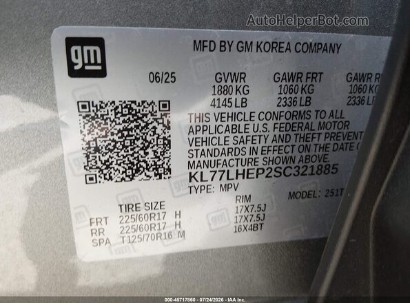 KL77LHEP2SC321885 2025 CHEVROLET TRAX Gray ძრავის განყოფილების ხედი