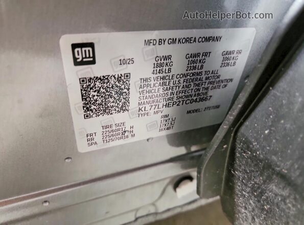 KL77LHEP2TC043667 2026 CHEVROLET TRAX Gray Вид наклейки з VIN-кодом