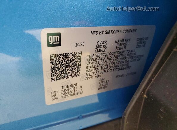 KL77LHEP2TC045497 2026 CHEVROLET TRAX Blue VIN კოდის სტიკერის ხედი
