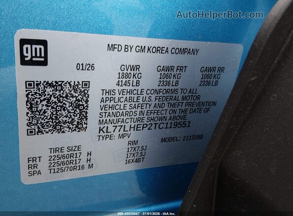 KL77LHEP2TC119551 2026 CHEVROLET TRAX Blue Vista del compartimento del motor