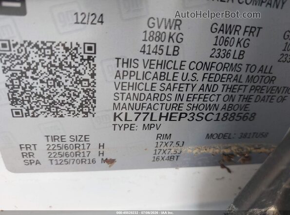 KL77LHEP3SC188568 2025 CHEVROLET TRAX White Շարժիչի բաժամունքի տեսք