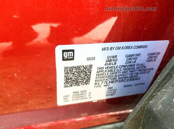 KL77LHEP3SC230043 2025 CHEVROLET TRAX Red Vista de la etiqueta del VIN