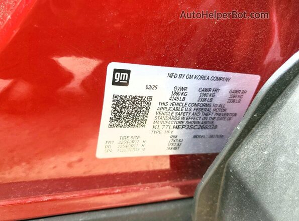 KL77LHEP3SC266038 2025 CHEVROLET TRAX Red Вид наклейки з VIN-кодом